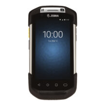 Vista frontal del Zebra TC75x, un ordenador móvil de mano con pantalla táctil de 4.7 pulgadas, resolución 1280 x 720 pixeles, pesando 376 g en colores negro y gris. SKU: TC75FK-22B24AD-A6.